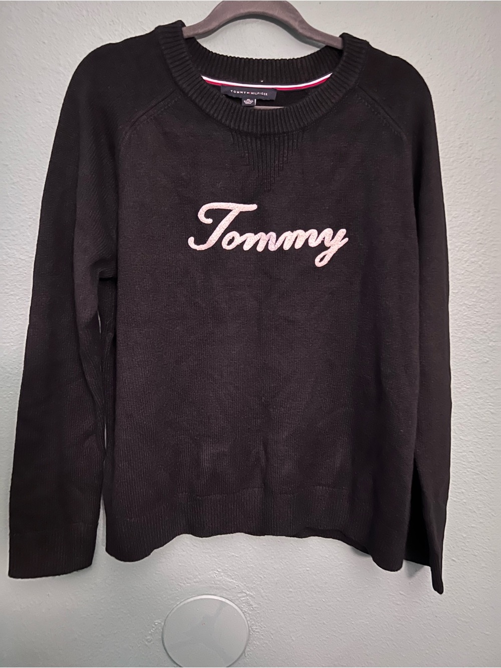 Tommy Hilfiger Black Crewneck Sweater with Pink Script